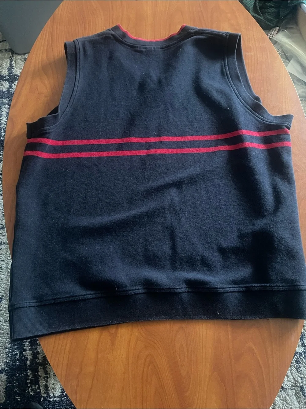 Men's Navy V-Neck Sweater Vest with Red Stripe